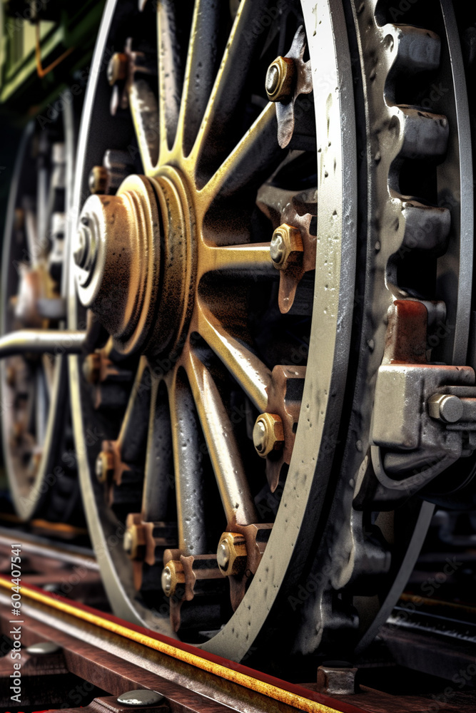 Poster a close-up photograph of the intricate details of a train wheel and railway tracks, highlighting the