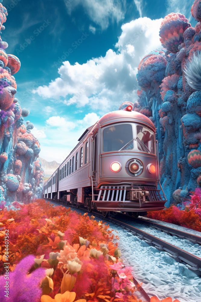 Poster  An artistic illustration of a train traveling through a surreal and imaginative landscape, blurring the boundaries between reality and fantasy.  Generative AI technology.