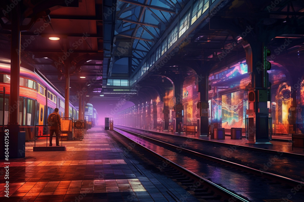 Poster a night-time photograph of a train station illuminated by colorful lights, creating a vibrant and li
