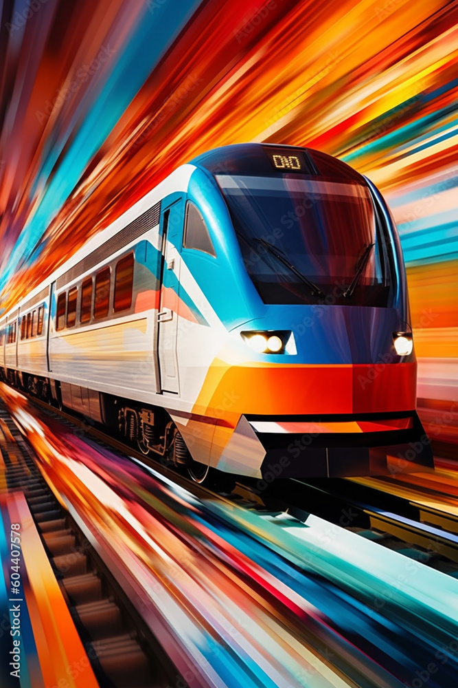 Aufkleber  An abstract representation of a train in motion, using geometric shapes and vibrant colors to convey its energy and speed.  Generative AI technology.