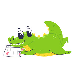Cute crocodile character writes in a notebook. Cartoon flat baby crocodile is reading a book. Vector isolated illustration.