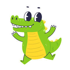 Naklejka premium Cute crocodile character jumps for joy. Cartoon flat baby crocodile. Vector isolated illustration.