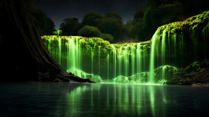A waterfall glowing in neon green