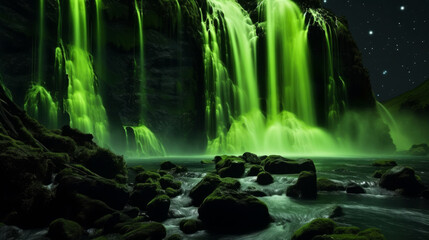A waterfall glowing in neon green