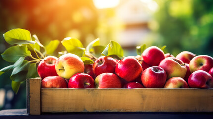 box of fresh fruits on a wooden table in a garden. Generative AI