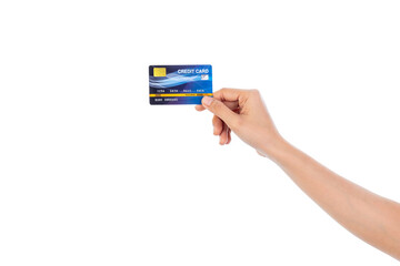 Hand holding credit card isolated on white background with clipping path.