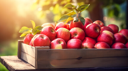 box of fresh fruits on a wooden table in a garden. Generative AI
