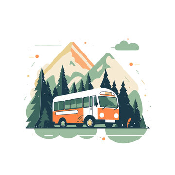camper bus caravan - vector Cartoon flat illustration.green forest - Summertime poster with camping car - camper truck -generative AI