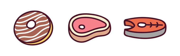Donut, Steak and Salmon Fish Doodle Cartoon Icons. Groccery shop groovy scribble cafe, restaurant hand drawn Y2K wavy stickers (Full Vector)