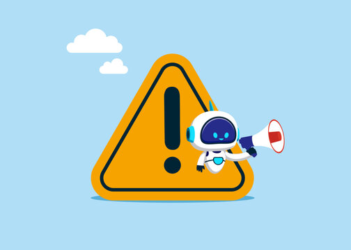 Cyborg with artificial intelligence uses loudspeaker with exclamation attention sign. Important news, danger situation. Flat modern vector illustration