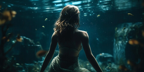 A young beautiful slender woman dives into the sea and is under water, a view from the back and a close-up. Generative AI