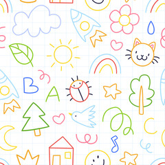 Seamless children's pattern with colorful funny doodles with a checkered paper texture. A pattern with cute children's doodle drawings. Vector illustration background.