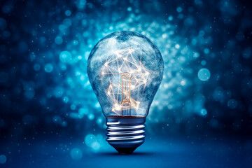 Glowing light bulb, idea concept, net art, dark sky-blue and light gray. Generative AI Illustration.