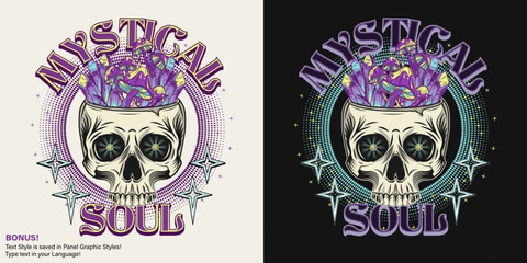 Circular label with human skull like cup, mushrooms, stars, crystals of gemstones, editable text style. Concept of sacred spirit, magic, extended mind. Magic, mystical surreal illustration Retro style