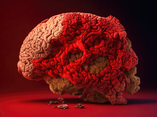 Explore the mysterious and intricate world of the human brain with a depiction of a red brain adorned with red growth. Generative Ai, Ai.