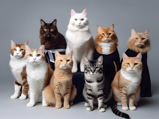 Different types and sizes of cats group. AI generated.