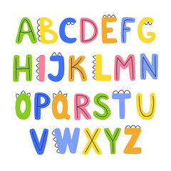 Cute children's English alphabet design. Funny colorful dino letters. Abc collection.