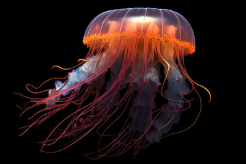 A mesmerizing sight unfolds as a vibrant, colorful jellyfish gracefully floats in its natural habitat. Generative Ai, Ai.