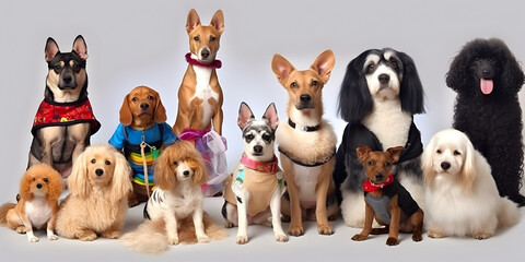 Different types and sizes of dogs group with clothing. AI generated.