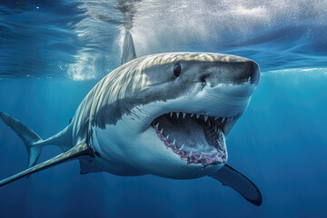 Naklejka premium A magnificent great white shark, an apex predator of the ocean, showcasing the enigmatic beauty of marine life and the importance of wildlife conservation. Generative Ai, Ai.