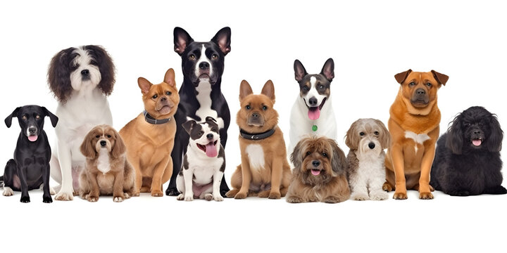 Different types and sizes of dogs group. AI generated.
