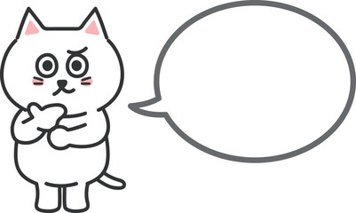 White cartoon cat commenting something with a speech bubble, vector illustration.