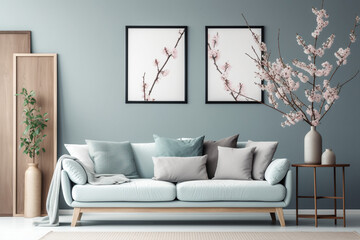 Modern spring Scandinavian living room interior, Wooden picture frame, poster mockup. Sofa with linen pale blue striped cushions, Cherry plum blossoms in a vase, Elegant stylish minimal home decor,