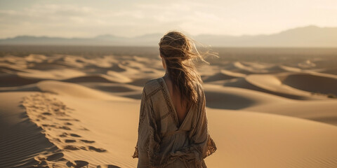 A young slender beautiful woman stands in the sandy desert and looks into the distance, close-up and view from the back. Generative AI