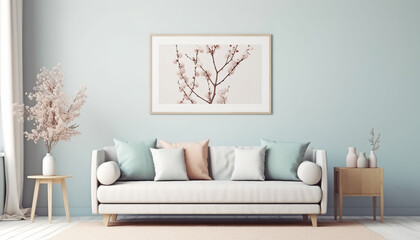 Modern spring Scandinavian living room interior, Wooden picture frame, poster mockup. Sofa with linen pale blue striped cushions, Cherry plum blossoms in a vase, Elegant stylish minimal home decor,