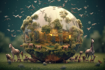 A spherical globe-shaped artwork featuring animals, representing the animal kingdom on Earth. The vibrant colors and intricate details showcase the diversity and beauty of wildlife. Generative Ai, Ai.