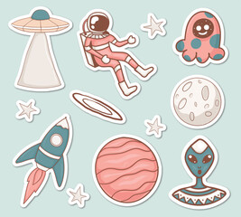 Colorful hand drawn space theme stickers collection