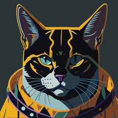 Explore the fusion of feline charm and pop culture by illustrating a cat in a flat pop art style, incorporating iconic symbols or references from popular culture in the artwork