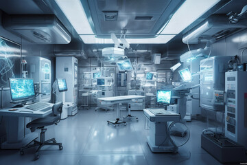 Medicine in Future. Nanotechnology hologram innovation, genetic engineering. Operating Doctor anatomy on robotic surgery machine virtual interface, robotic surgery are precision, Generative AI