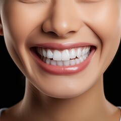 Fototapeta premium Close up cropped half face portrait of attractive, nude, natural, perfect, ideal girl with healthy white teeth isolated on beige background, perfection, wellness, wellbeing. Generative Ai.