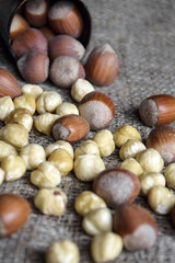 Ripe filbert kernels and hazelnuts in a shell on burlap background. Healthy nutrition, food. Close-up. Copy space. Shallow depth of field. Selective focus.