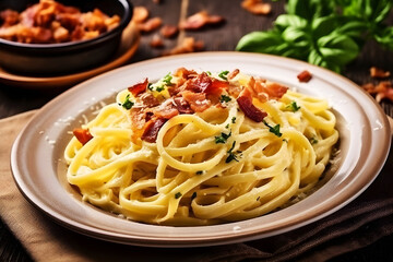 Delicious Italian dish, pasta carbonara served on a plate. Created with generative AI technology