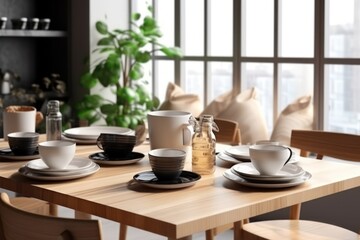Fototapeta premium Photo realistic ceramic table setting set on the dining room