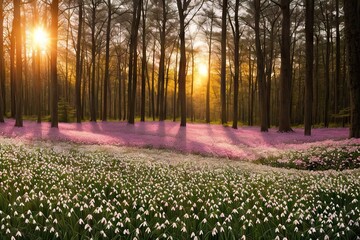 Flowering forest on sunset sunrise with soft focus, spring floral botanic nature background wallpaper. Wild forest flowers snowdrops