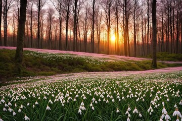 Flowering forest on sunset sunrise with soft focus, spring floral botanic nature background wallpaper. Wild forest flowers snowdrops