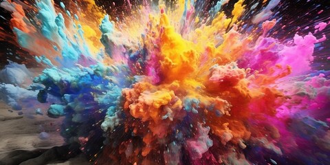 Obraz na płótnie Canvas Explosion of colored powder on black background. Abstract colored background. Colorful explode. Colorful rainbow holi paint splash, generative ai