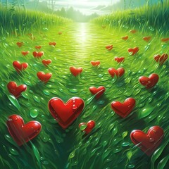 big red hearts dripping, falling into a green
