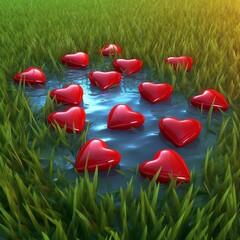 big red hearts dripping, falling into a green