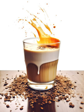Glass of cappuccino with splashes and coffee beans