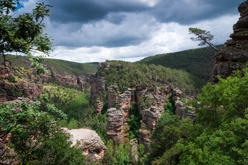 Vista panorámica del barranco de la Hoz, en el parque natural del Alto Tajo, Guadalajara, Castilla la Mancha, España.