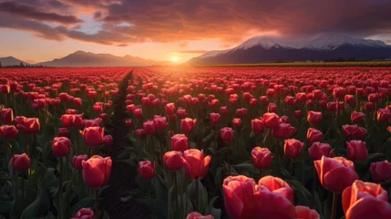 Fototapete Bordeaux Sunset over the blooming tulip field. Generative AI