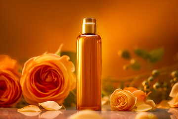 Spa relax still life with natural beauty product with roses flowers on amber background. Hair cosmetic product or body lotion for asian ritual spa procedure. Generative ai