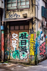 Japanese Graffiti on street wall, 80s style, Generative AI
