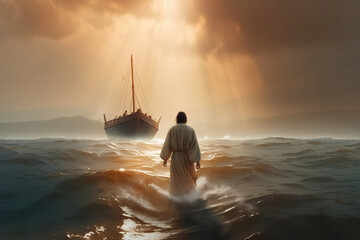 Miraculous scene of Jesus walking on water during a storm, generative AI