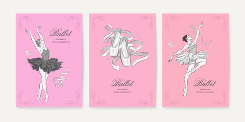 Hand drawn ballet studio poster, banner, cover or greeting card collection. Ballerina and ballet shoes. Vector illustration © AM_art