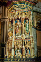 Intricate carvings on the tomb of archbishop Henry Chichele, inside Canterbury cathedral in the city of Canterbury, Kent, UK